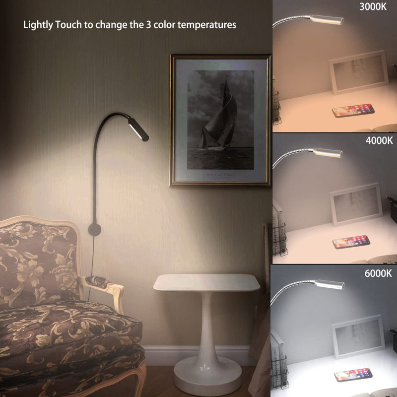 Lampe de lecture à col de cygne flexible VST avec port de charge USB, fixation murale au chevet, Argent