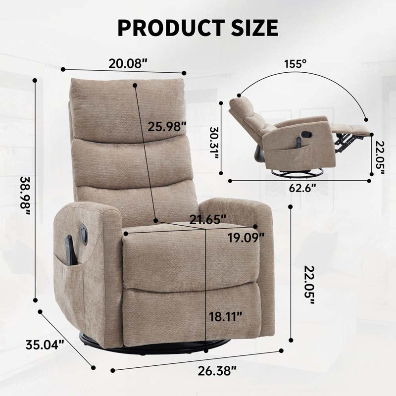 Swivel Manual Recliner Chair with Heat Massage Function, Khaki