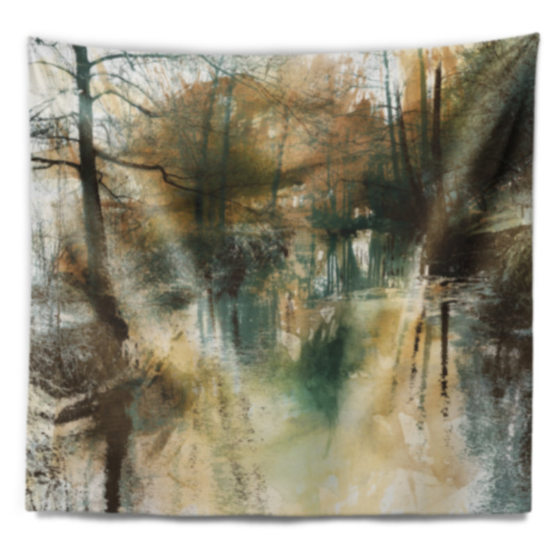 Paysage, rivière et arbres, tapisserie de peinture à l'huile, H 32 po x l 39 po