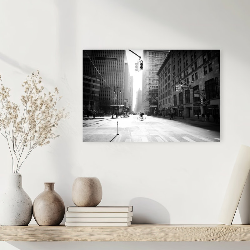 Biker In City Dramatic Abstract Contemporary Architecture City Wall Art Print by Martin Froyda - Wrapped Canvas Print