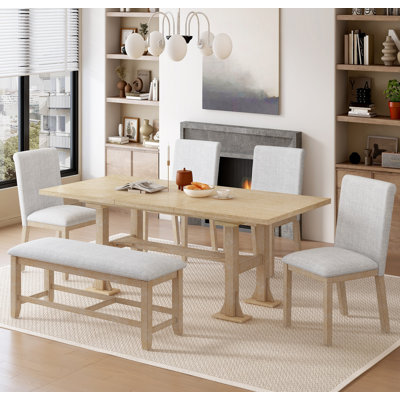 Farmhouse 76" 6-Piece Extendable Dining Table Set – Trestle Kitchen Table with 18" Removable Leaf, Upholstered Dining Chair and Bench for Dining Room,