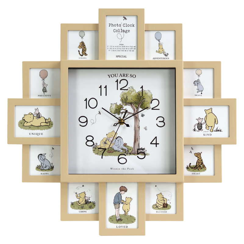 Horloge murale photo Winnie l'Ourson, cadre photo beige 50 x 50 cm pouvant contenir 12 photos, horloge décorative pour souvenirs de famille, idéale pour la chambre d'enfant, la chambre à coucher, le salon et la décoration murale pour chambre de bébé.