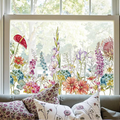 Window Privacy Film,Colorful Floral Window Stickers,Removable DIY Bouquet Static Clings, Decals for Home School Office Party Supplies, Floral Feast, 17.5 x 78.7 in