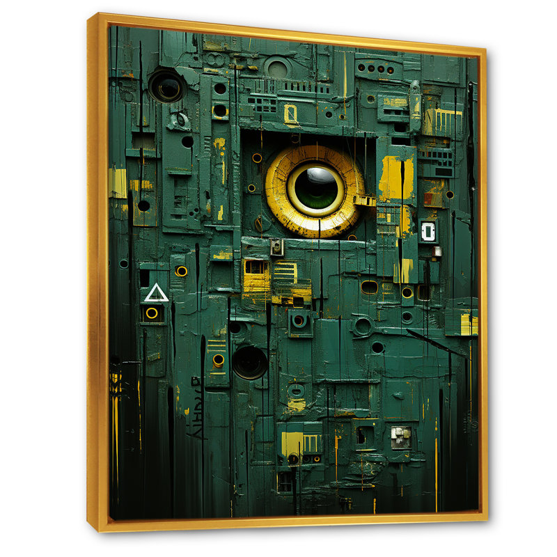 Masque de formes maya vertes abstraites IV - Art mural abstrait, Cadre flottant doré, H 40 po x l 30 po x P 1,5 po