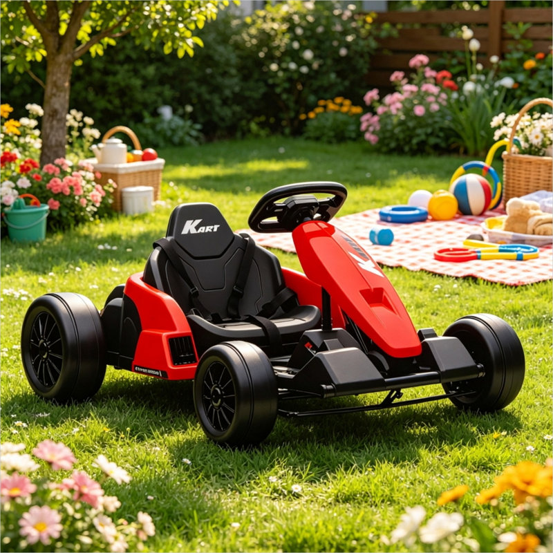 Kart électrique rouge foncé avec construction robuste en PP et en métal, deux moteurs de 150 W
