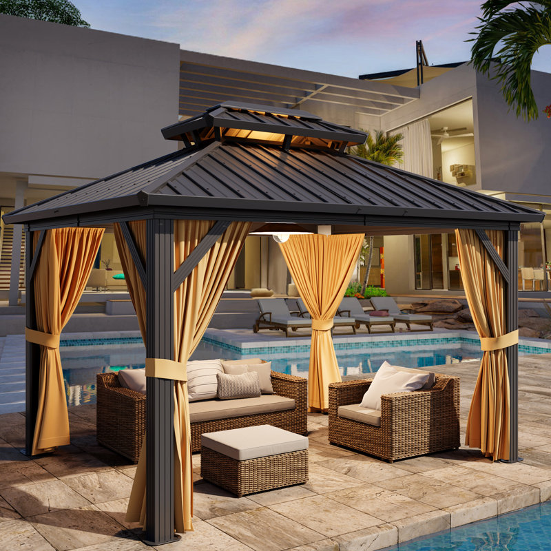 Heavy Duty Aluminum Frame Hardtop Gazebo with Double Roof, Curtains & Netting for Backyard or Deck, 10x12 FT (Khaki)