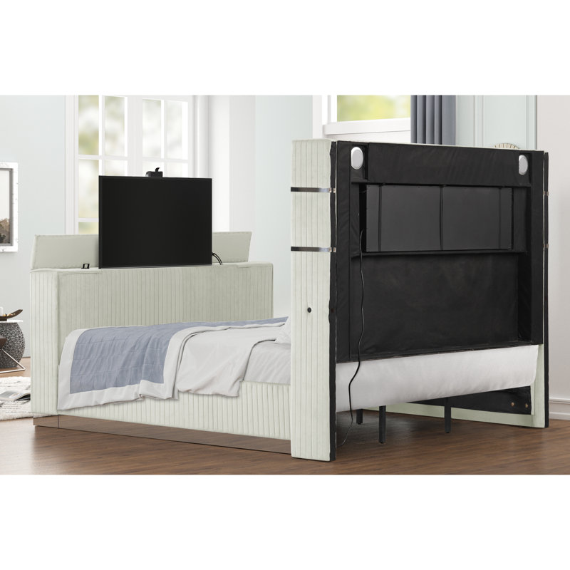 Grand lit avec foyer dans la tête de lit et meuble télé de 43 po, structure beige moderne en bois massif recouvert de tissu d'ameublement