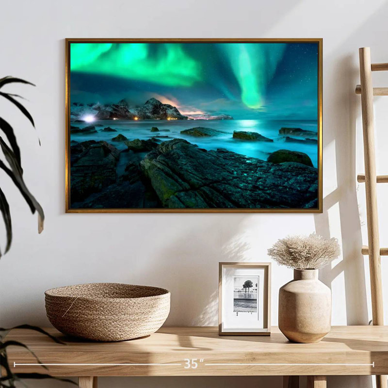Superbe aurore boréale des Lofoten, Cadre flottant doré, 25 po x 17 po