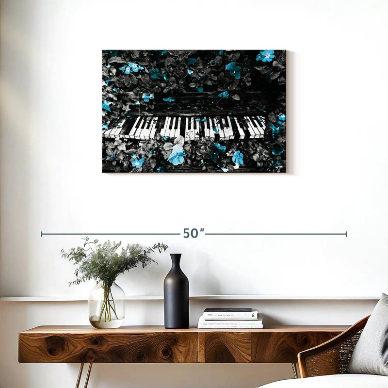 Fleurs sur une touche de piano, H 20 po x l 30 po