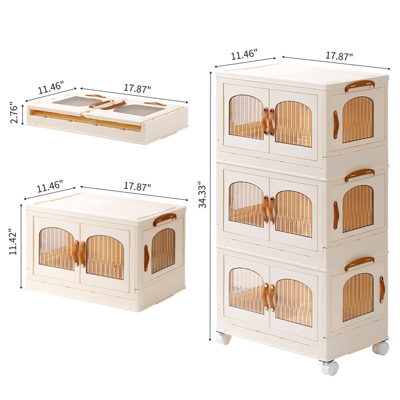 Inbox Zero 8.4 Gal Foldable Cabinet with 1 Lid Set 3 Tier,Clear Plastic Folding Storage Box with Wheel