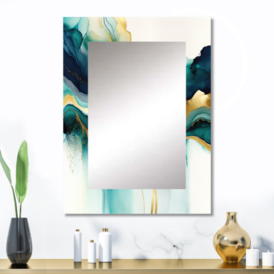 Sarcelle et or abstrait Expression I - miroir mural à encre liquide, miroir décoratif turquoise, impression sur métal