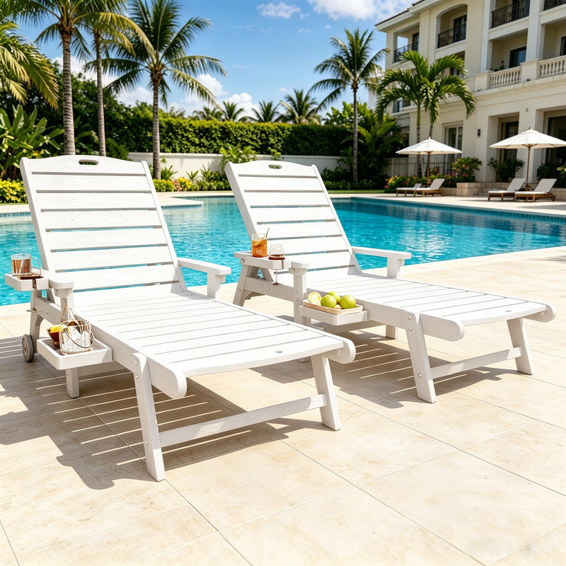 80" Outdoor Chaise Lounge Chair, All Weather HIPS Patio Lounge Chair with Cup Holder and Armrest for Outside, Beach, Pool, Deck, White