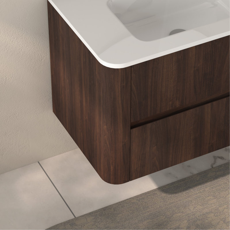 Meuble-lavabo mural 30 po avec lavabo flottant à deux tiroirs en noyer foncé avec lavabo intégré en céramique 30 po