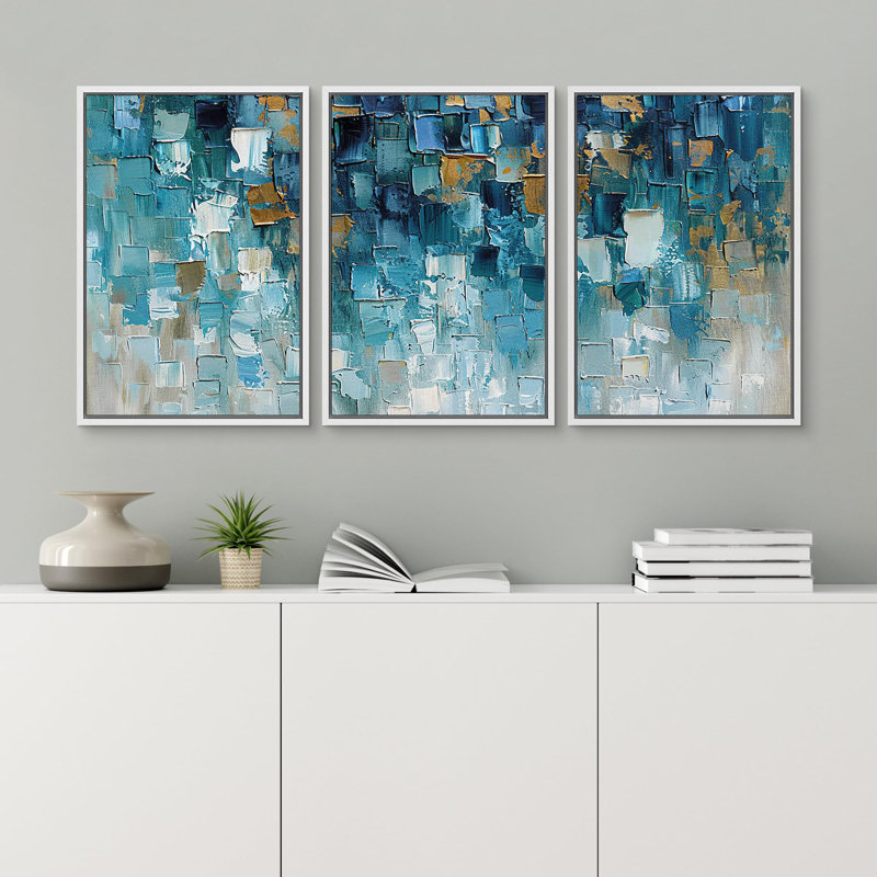 «Cerulean Cityscape», 3 pièces sur toile, Cadre flottant blanc, H 36 po x l 72 po