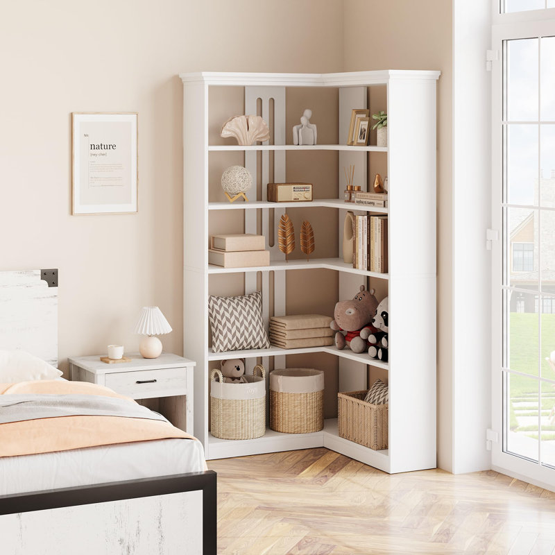72.8" L-Shaped Corner Bookshelf, Farmhouse 5-Tier Tall Wood Bookcase, Rustic Storage & Display Rack, Half Panel, White