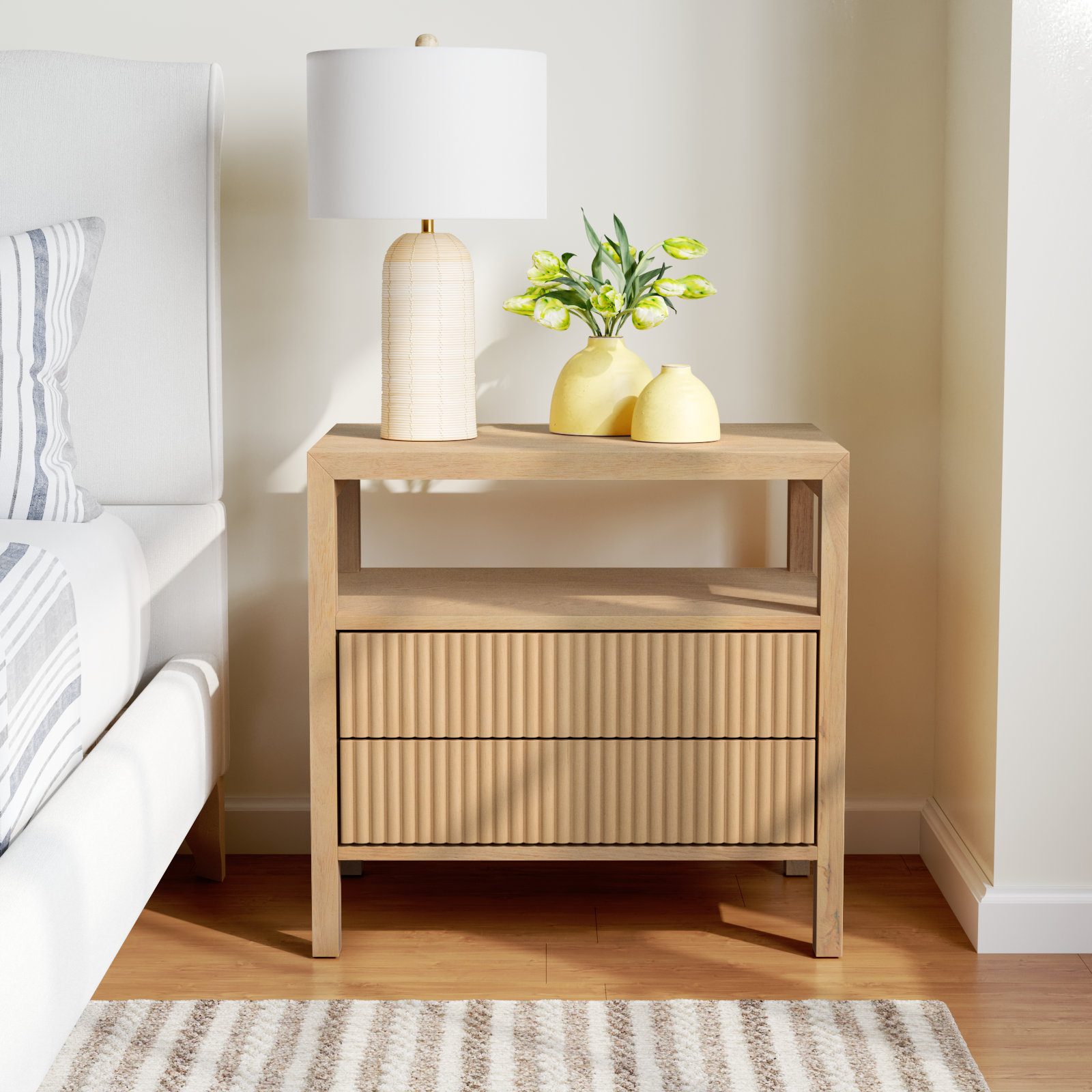 Dorchester 2 Drawer Reeded Nightstand, Oak