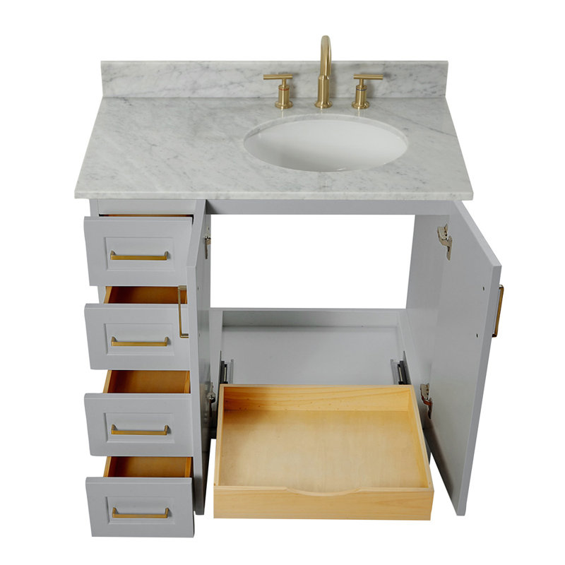 Nobe 37'' Solid Wood Single Bathroom Vanity in Grey with 0.75'' Carrara Marble Top, Right Offset, Oval Sink, Gray, Right
