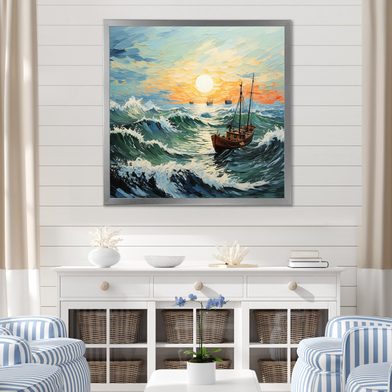 Paysage marin de Vangogh avec pêche I, H 24 po x l 24 po x P 1 po, Cadre simple argenté
