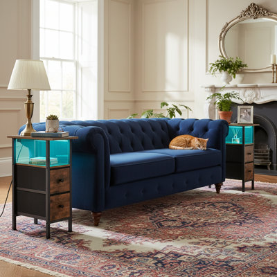LED Narrow Side Tables, Slim End Table with Fabric Drawer and Charging Station