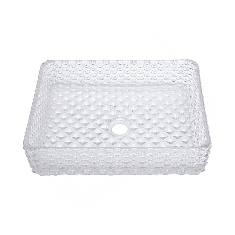Lavabo vasque de salle de bain rectangulaire au-dessus du comptoir pour salle de bain, design à texture de diamant, lavabo vasque en verre trempé avec bonde escamotable (sans robinet)