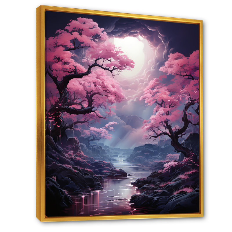 Kawaii Landscape Wonderland River - impression, Cadre flottant doré, H 32 po x l 24 po x P 1 po