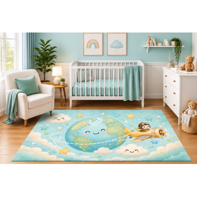 "Ultra Lightweight" 5'x7' Happy Earth Airplane Area Rug for Nursery Room, Cute World Travel Clouds and Stars Adventure Design for Baby Boy Playroom Decor, Non-Slip Silicone Backing Low Pile