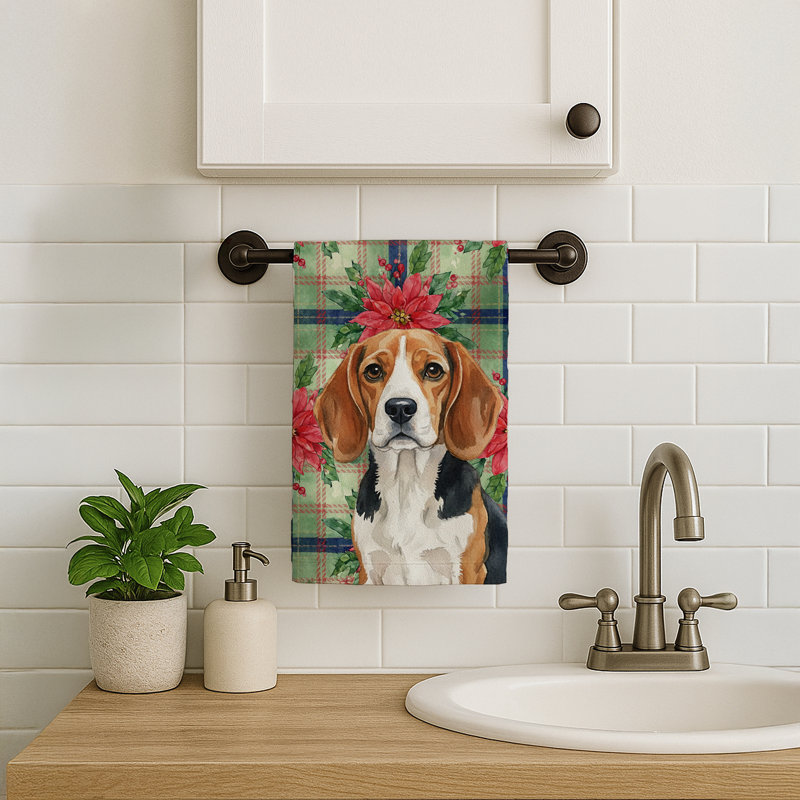 Beagle Christmas PoinsettIas Kitchen Towel, Black/White/Brown Beagle