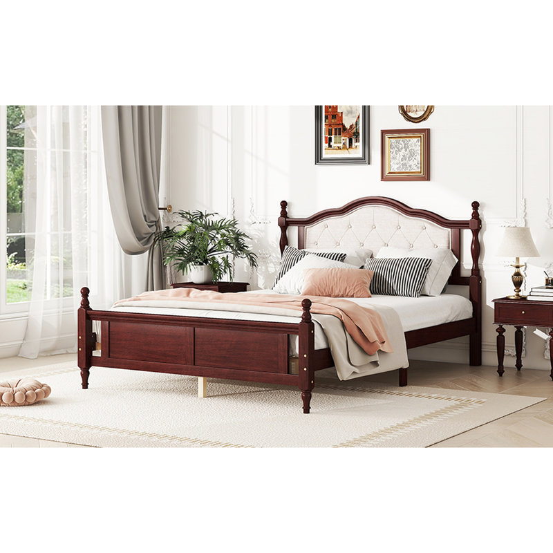 Grand lit avec tête de lit tapissier élégante et stable - Grand panneau confortable cerisier pin