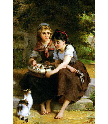 Deux fillies avec un panier de chatons-impression d’art graphique