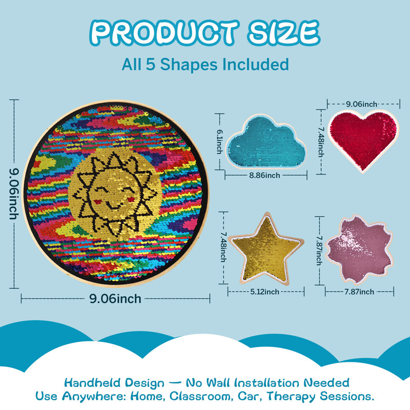 Paquet de 5 panneaux sensoriels pour enfants avec paillettes réversibles 9,8 po avec base en bois, 5 formes uniques pour les enfants