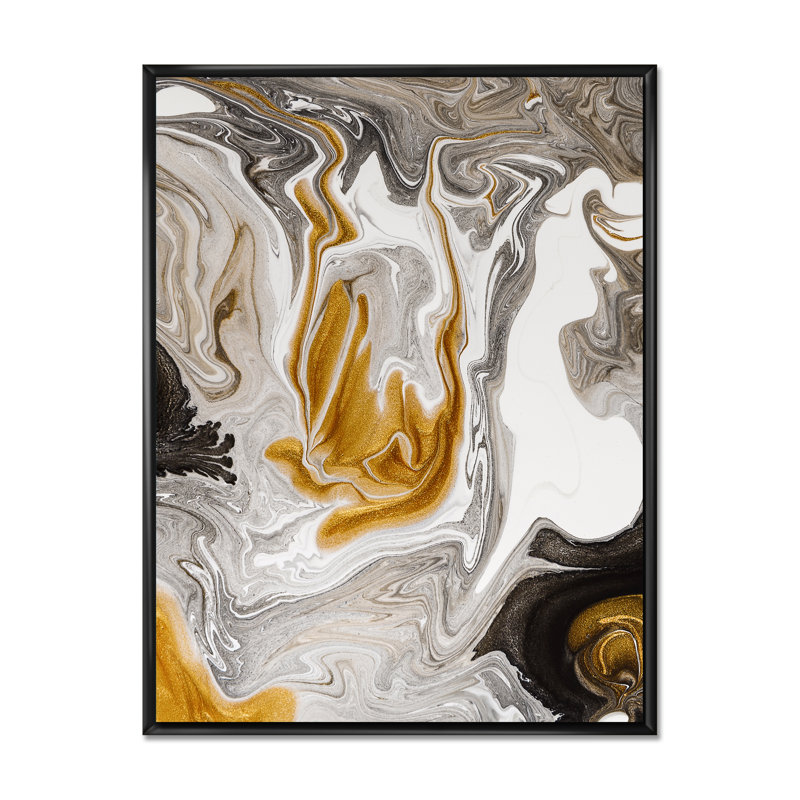 Vague de marbre doré et noir V - peinture sur toile, H 32 po x l 16 po x P 1 po, Cadre flottant noir
