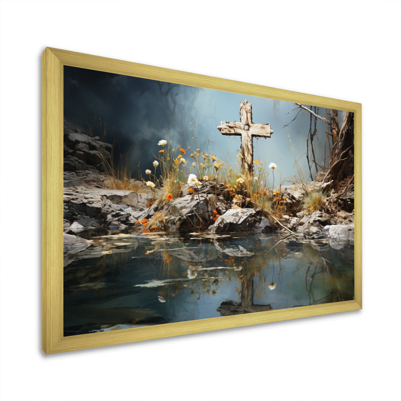 Paysage de croix religieuse, reflet divin I, Cadre doré à une seule photo, H 34 po x l 44 po x P 1,5 po