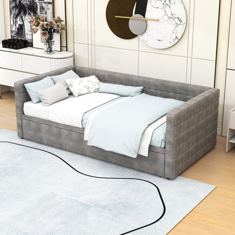 Structure de lit de jour simple rembourrée avec couchette, Gris