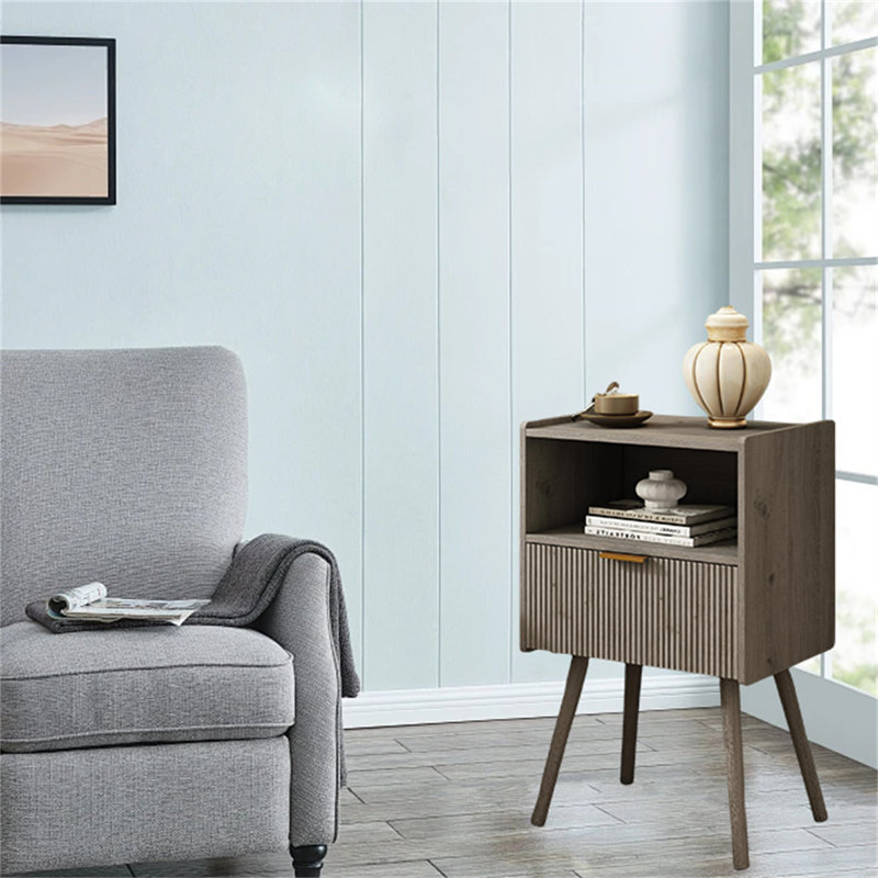 Modern Nightstand With Storage Drawer – Compact & Stylish, Gray Oak