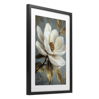 Bloomed White Magnolia Floral Framed Print Under Glass, design by Petal Prints Design