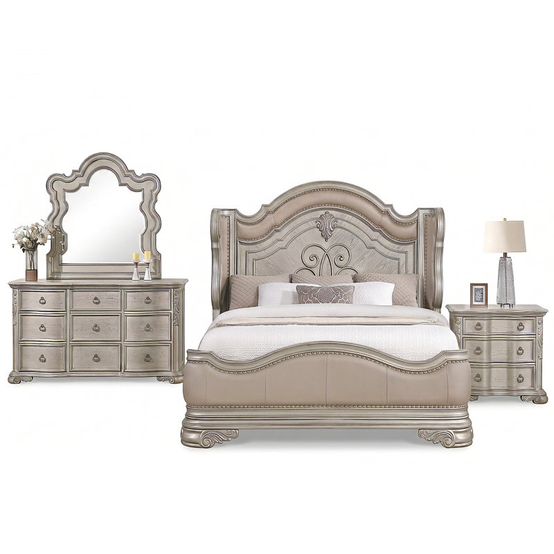 Mcgrath King 4 pièces champagne, Ensemble de quatre pièces : lit, commode, miroir, Très grand lit