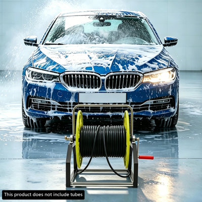 Enrouleur de tuyau d'arrosage en métal Support de tuyau de manivelle à fixation au sol en fer en fonte Le connecteur en cuivre contient un tuyau de 328,1 pi 0,55 po pour le lavage de voiture