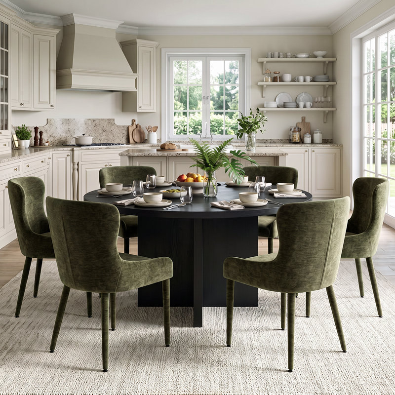 Ensemble de table de salle à manger ronde en placage de bois de 60 pouces avec 6 chaises à oreilles en chenille, Vert