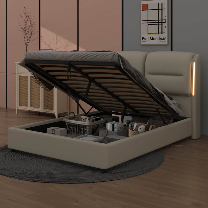 Grand cadre de lit tapissier avec rangement relevable hydraulique et éclairage à DEL déclenché par capteur, Crème, crème