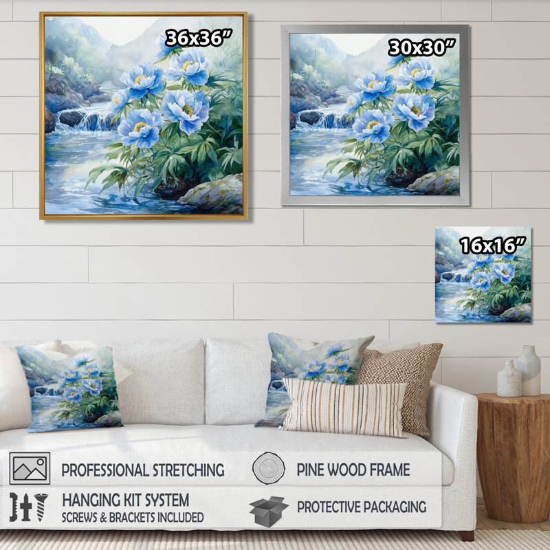 Giocondo montagne pivoines au bord de la rivière III - pivoines, art mural, H 36 po x l 36 po, Impression encadrée flottante