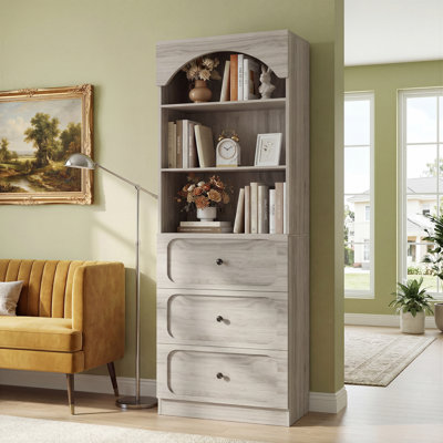 ‌23.6" Arched Wooden Bookcase - 3 Drawers & 3-Tier Shelves, White Pantry Storage For Living Room/Kitchen/Bathroom‌
