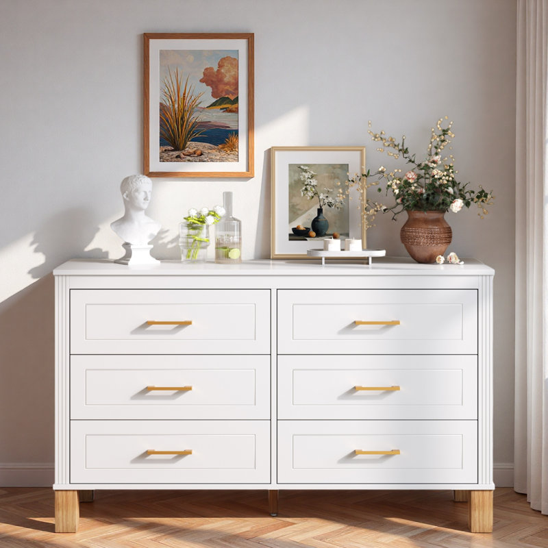 Commode double 6 tiroirs en bois robuste, Blanc