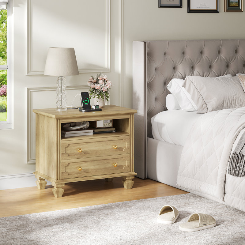 28" Solid Wood Nightstand With 2 - Drawer, Charging Station and Led Light, Oak