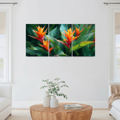 Tropical Bird of Paradise Flowers Oil Painting Print Canvas Wrapped Wall Art Set of 3