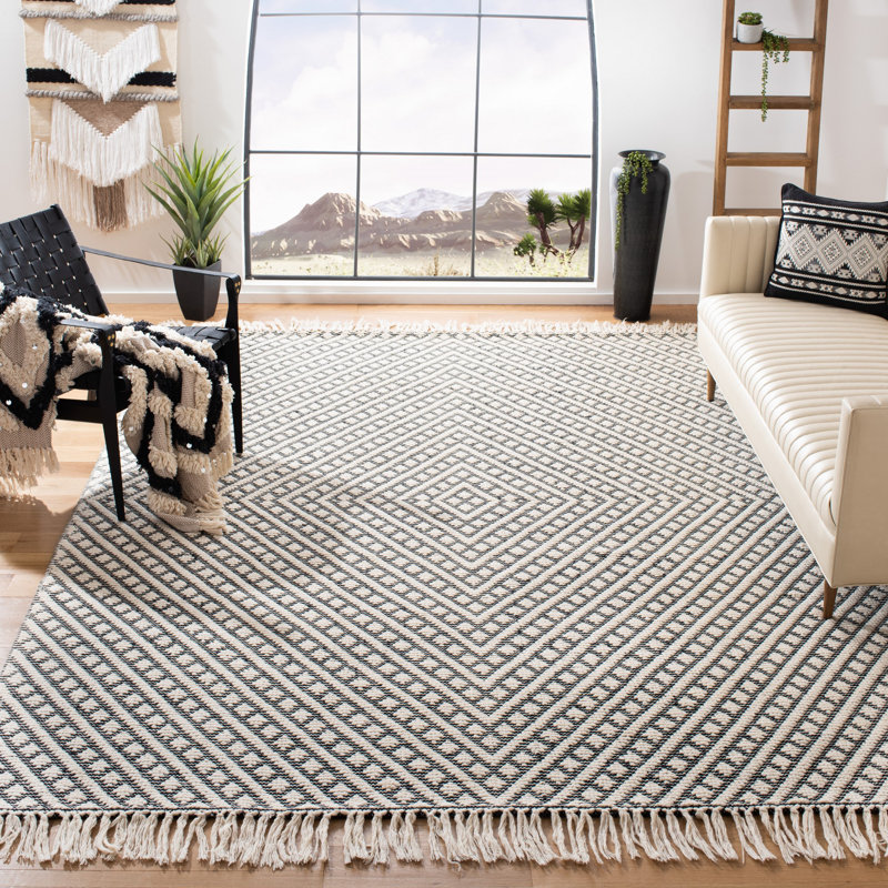 Tapis en laine / coton tissé à la main Brashear en ivoire / noir, Rectangle 10 pi x 14 pi