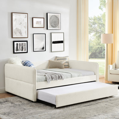 Lit de jour rembourré pleine grandeur avec couchette en tissu bouclé beige de 83 po x 58,5 po x 29,5 po à rayures verticales sur les dossiers pour plus de confort, assise en mousse et dossier rembourré