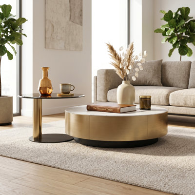 Table basse gigogne de luxe moderne entièrement assemblée avec 1 tiroir, base dorée et panneaux de roche en verre Ninah