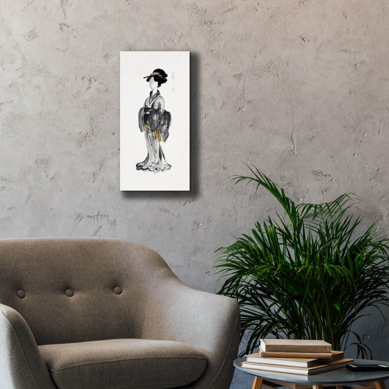 «Geisha 1 Black and Gold» par Chris Paschke, art mural sur toile, H 24 po x l 12 po x P 0,75 po