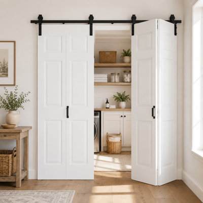 Closet Bi-fold Barn Door 6-Panelled Water-Resistant MDF Bi-Fold Barn Door 64" x 84" with Hardware Kit Included, Pre-Assembled Door Panels(Perfect for Closet Room,Pantry Room,Laundry Room,Bathroom and Other Small Rooms)