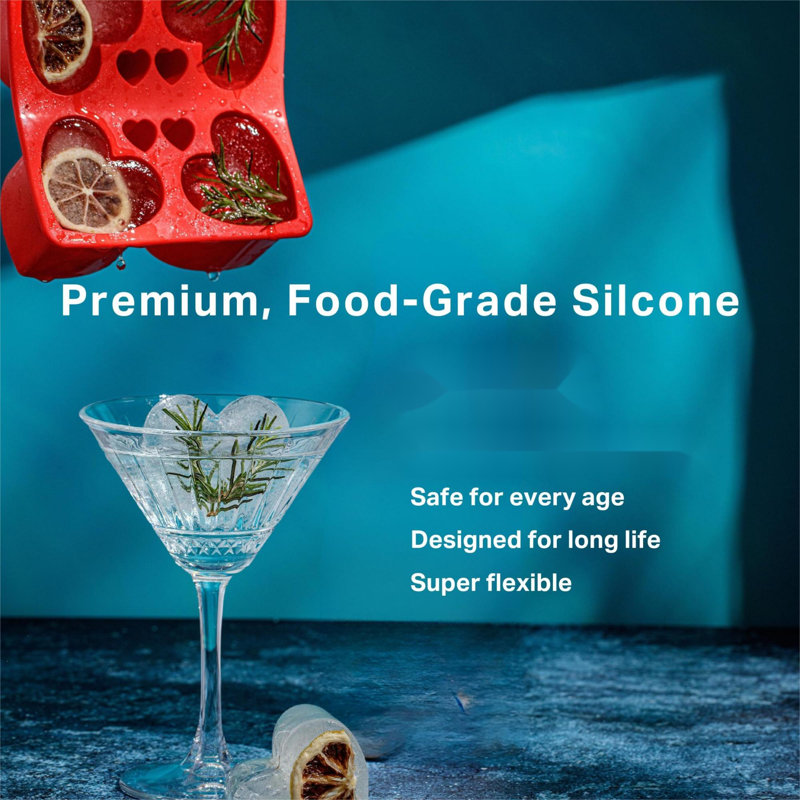 Large Silicone Heart Ice Cube Tray - Big Heart Shaped Ice Cube Trays That Freeze Heart Shape Ice Cubes For Valentine's Day Drinks. Also Use The Heart Ice Mould For Desserts And Ice Cream.
